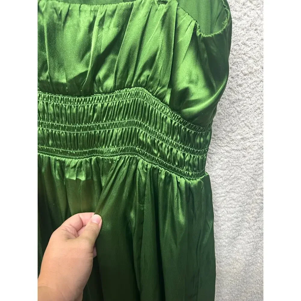 Abercrombie & Fitch Green Satin Smocked Waist Maxi Dress Medium